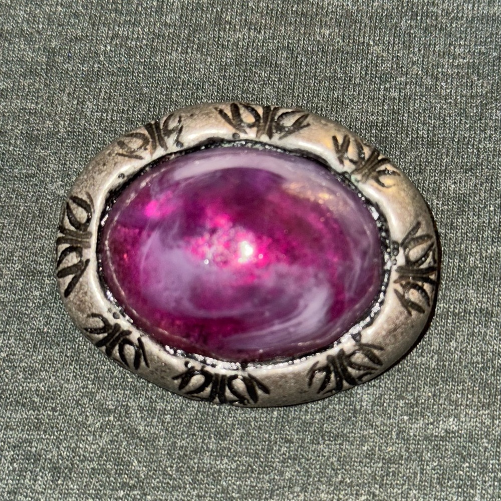 Silver w/ Purple Cabochon VTG Brooch - Picture 5 of 13